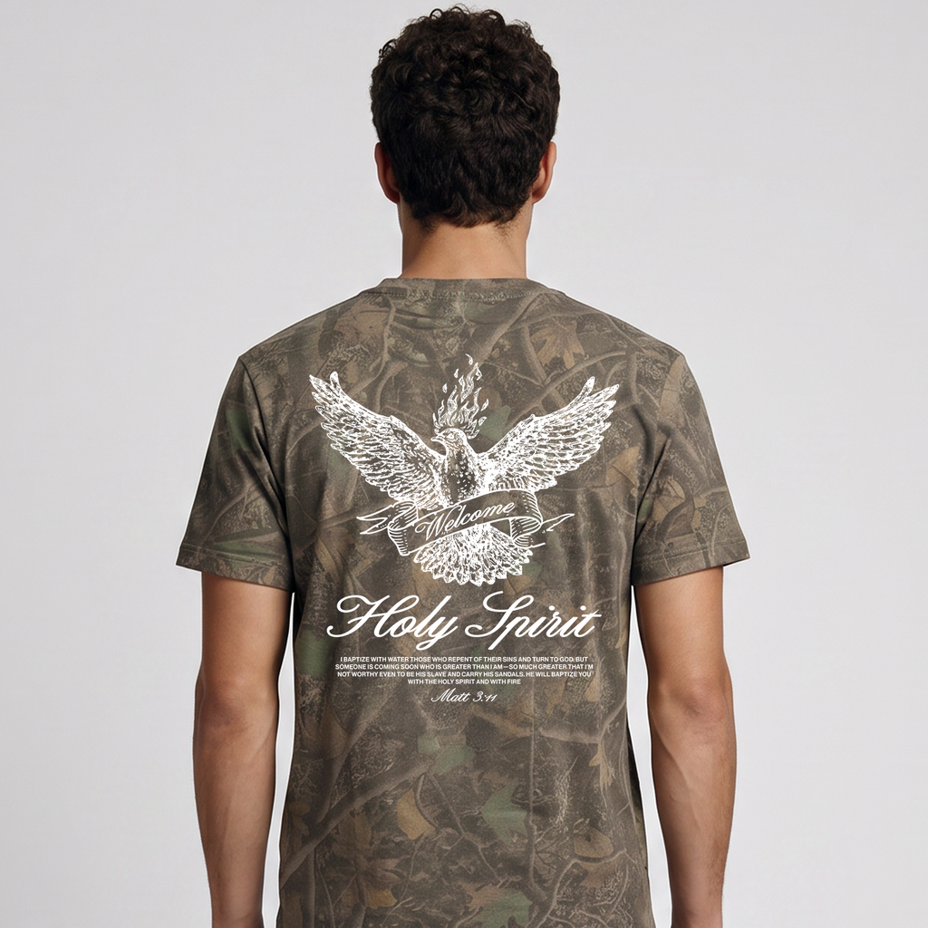 Welcome Holy Spirit Banner Tee - Darkwood Camo